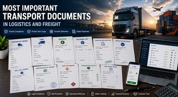 Ensemble de documents de transport importants incluant CMR, facture, documents douaniers et suivi logistique numérique en Europe